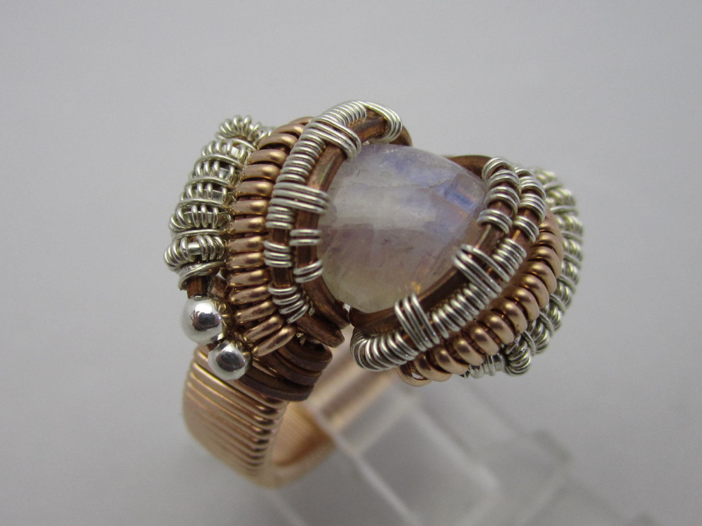 Wire Wrapped Ring in Sterling Silver and Copper Moonstone Size 7