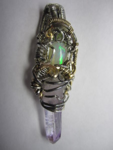 Wire Wrapped Pendant - Ethiopian Opal, Vera Cruz Amethyst